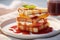 Tasty toasted tomato sandwich on white plate in modern restaurant with breakfast menu and copy space