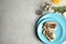 Tasty toasts with mushrooms, sprouts and chia seeds on table, top view. Space for text