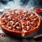 Tasty top view sliced Italian traditional round pizza with tomatoes mushrooms and realistic smoke .ai generated