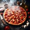 Tasty top view sliced Italian traditional round pizza with tomatoes mushrooms and realistic smoke .ai generated