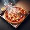 Tasty top view sliced Italian traditional round pizza with tomatoes mushrooms and realistic smoke .ai generated