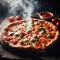 Tasty top view sliced Italian traditional round pizza with tomatoes mushrooms and realistic smoke .ai generated