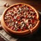 Tasty top view sliced Italian traditional round pizza with tomatoes mushrooms and realistic smoke .ai generated