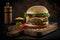 Tasty traditional American cheeseburger on wooden board.Concept of American fast food. generative AI