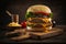 Tasty traditional American cheeseburger on wooden board.Concept of American fast food, Generative AI