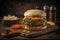 Tasty traditional American cheeseburger on wooden board.Concept of American fast food, Generative AI