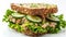 Tasty Tuna Salad Sandwich with Lettuce and Cucumbers on Multigrain Bread, Isolated on White Background