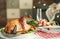 Tasty turkey prepared for Christmas dinner on festive table