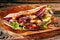 Tasty Turkish doner kebab on toasted tortilla