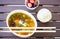 Tasty vegan miso soup with a small bowl of rice and fermented vegetables