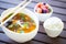 Tasty vegan miso soup with a small bowl of rice and fermented vegetables