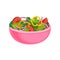 Tasty vegetable salad in pink ceramic bowl. Delicious and healthy food. Dish from organic products. Flat vector element