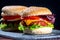 Tasty vegetarian food, homemade cheeseburgers made from plant based soya meat with cheese, onion, green lettuce and tomatoes