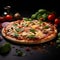 Tasty vegetarian pizza stands out on a dramatic dark background