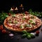 Tasty vegetarian pizza stands out on a dramatic dark background