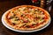 Tasty warm pizza with bacon, tomatoes, cheese and olives on the