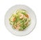 Tasty zucchini pasta with shrimps and arugula isolated on white, top view