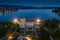 Tata, Hungary - Aerial view of the beautiful illuminated Castle of Tata by the Old Lake Ã–reg-to at dusk