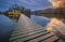 Tata, Hungary - Fishing cottages on small island at Lake Darito Derito to at sunset with amazing sky