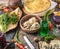 Tatar khinkali, khachapuri, on the table, topview