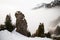 Tatra chamois climbing on mountains in winter mist