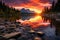 Tatra tranquility Mountain lake, colorful sunset, high Tatra peaks scene