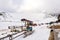 Tatranska Lomnica - 4.2.2022: Skiers and tourist at Skalnate Pleso mountain, High Tatras region, Slovakia. Near is the Lomnicky