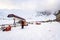 Tatranska Lomnica - 4.2.2022: Skiers and tourist at Skalnate Pleso mountain, High Tatras region, Slovakia. Near is the Lomnicky