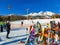 Tatranska Lomnica, Slovakia - January 01, 2020: The rent of Skis in winter resort