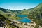 Tatras mountains, Valley of five ponds. View on mountains and two lakes.