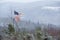 Tattered American flag blowing in the winter wind, Rangeley, Mai