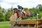 Tattersalls horse show in Ireland, brown chestnut horse jumping over obstacle with male rider, jockey