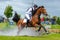 Tattersalls horse show in Ireland, chestnut horse galopping after obstacle in water with male rider, jockey rushing forward