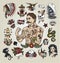 Tattoo flash set. tattoo hipster man and various tattoo images.