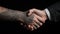 Tattoo Handshake two businessmen signifies successful agreement Black Background. Generative AI