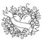 Tattoo heart decorated ribbon, blue flowers, leaves, curls. Balck and white holiday illustration for Valentines Day.
