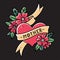 Tattoo heart with ribbon, flowers and word mother. Old school retro vector illustration on balck background