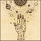 Tattoo human hand holds a stylized solar system, cosmic symbols, stars.