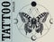 Tattoo parlor banner. Mistical butterfly is inscribed in circle of moon phases.Illustration for tattoo school and studio