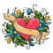 Tattoo red heart decorated ribbon, blue flowers, leaves, curls.Holiday illustration for Valentines Day.Old school tattoo