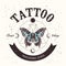 Tattoo school poster. Banner with mystical butterfly tattoo and orbiting moon. Geometry style.