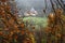 Tauber Valley, Double Bridge and Kobolzeller Church from park Burggarten in Rothenburg ob der Tauber, Bavaria, Germany