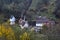 Tauber Valley, Double Bridge and Kobolzeller Church from park Burggarten in Rothenburg ob der Tauber, Bavaria, Germany