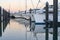 Tauranga Marina boats and piers reflected in calm water at sunrise