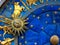 Taurus astrological sign on ancient clock. Detail of Zodiac wheel with Sun and Taurus