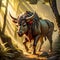 Taurus bull Minotaur mythological creature walking through mystical forest