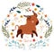Taurus. Cute Zodiac in a colorful wreath of leaves, flowers and stars around. Cute Taurus perfect for posters, logo