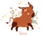 Taurus. Cute Zodiac sign with colorful leaves and stars around. Cute Taurus perfect for posters, logo, cards