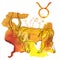 Taurus symbol. Horned bull on a bright orange and yellow watercolor splash texture. Astrology, fortune telling