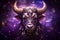 Taurus zodiac sign, bull astrological design, astrology horoscope symbol of april may month background with cosmic animal head in
